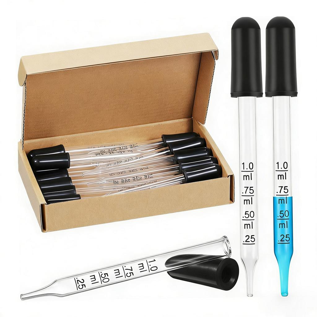 20 Stück Labor-Flüssigkeitspipetten 1 ml Klare Glas-Messpipetten mit Weichen Gummiköpfen zur Messung von Ölflüssigkeiten