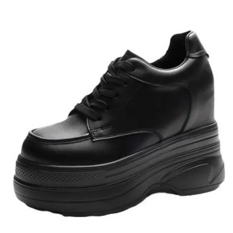 Fashion New Women Sneakers Genuine Leather Casual Platform Trainers Black Shoe 11CM Heels Autumn Wedges Woman Height Increasing Shoes