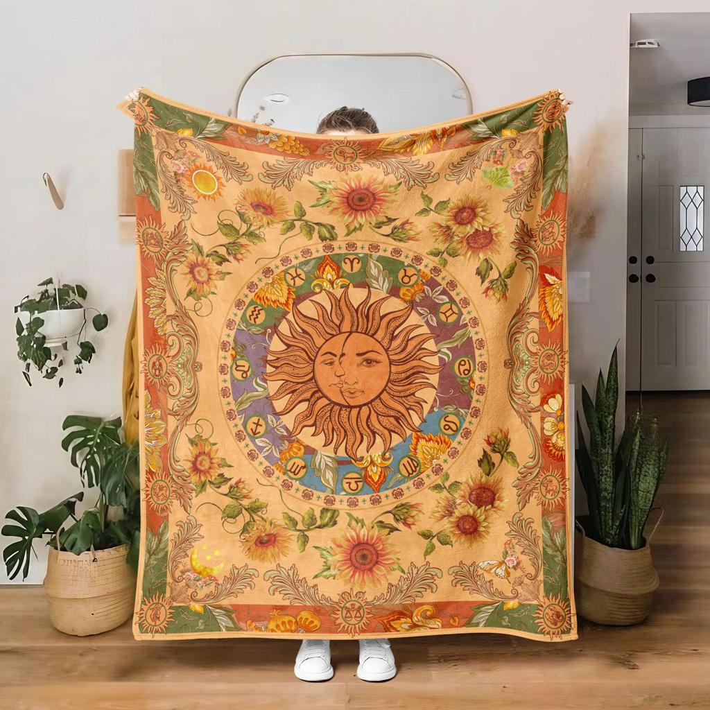Sun and Moon Totem Digitalprinted Polyester Bedroom Velvet Flannel Cover Blanket Fleece Soft Sofa Cover Blankets for Beds