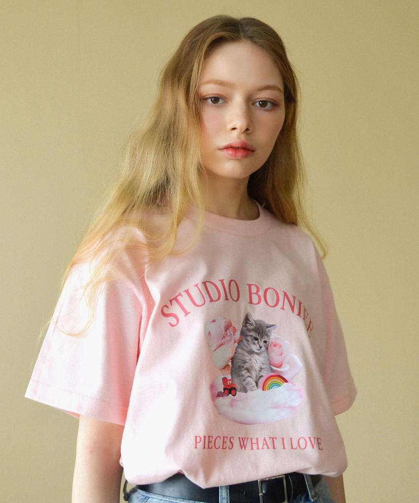 BONIEE Retro Kitten Collage Loose T-Shirt Pink