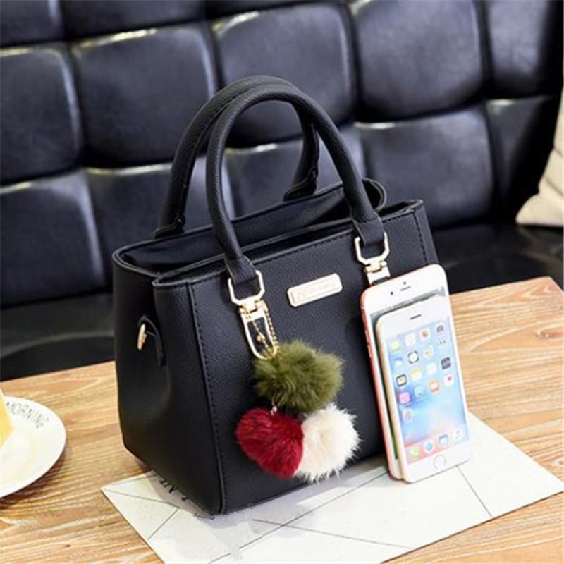 Street Tide Double Layer Tote Crossbody Bags  Large Capacity Fur Ball Leather Handbag Shoulder Messenger Bag