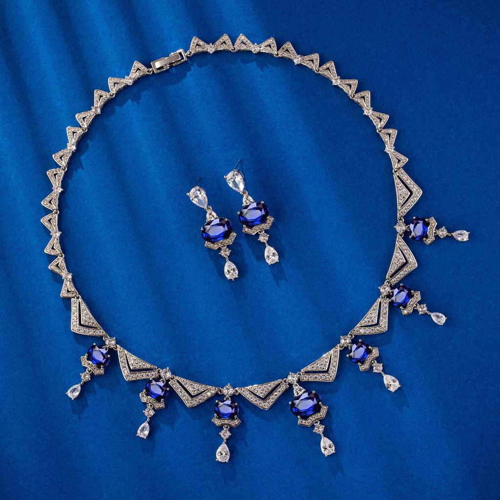 High-End Copper Earrings & Necklace with Main Stone - Popular in Europe & America, Two-Piece Set