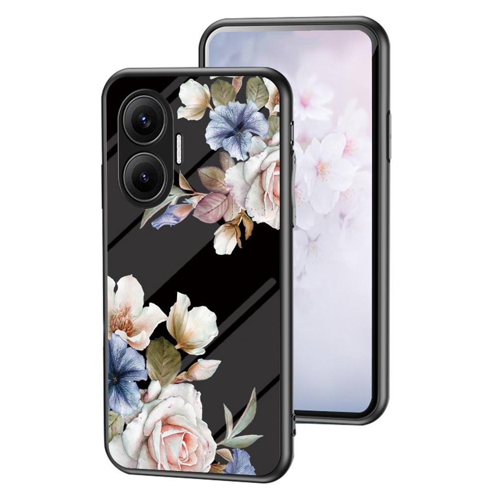 For Xiaomi Poco F7 5G/Redmi Turbo 4 Pro 5G Case Floral Pattern TPU+Tempered Glass Protective Phone Cover