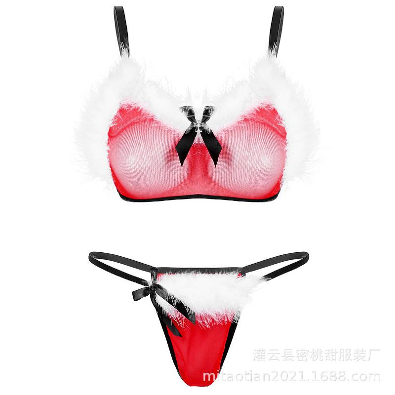 European & American Christmas Sexy Lingerie Set: Sheer Mesh, Plush Accent, Bra & Panties