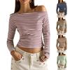 Damen Lässiges Gestreiftes Off-Shoulder Langarm T-Shirt Geripptes Strick Slim Fit Top Leichter Dehnbarer Stoff Bequem zu Tragen