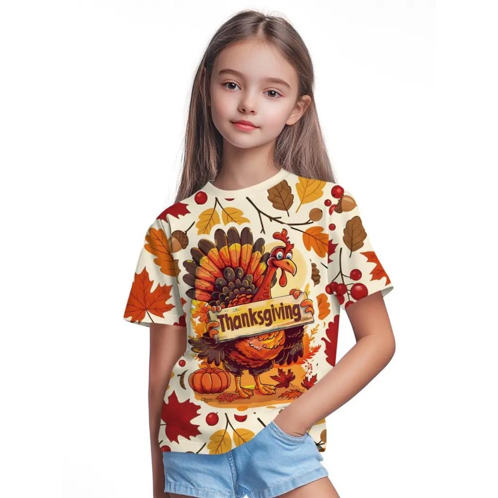 Girls' Clothing Thanksgiving Turkey 3D Printed Short Sleeved T-shirt Casual Holiday Cartoon Boy T-shirt Summer Children's Top