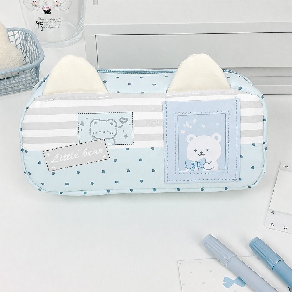 Cat Ear Design Pen Bag Multi-Layer Pencil Pouch Large Capacity Stationery Bag Gift