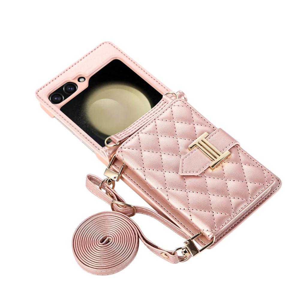 Mode Cross Body Karten Slot Brieftasche Ledertasche für Samsung Galaxy Z Flip 5 4 3 Flip5 Flip4 5G Lanyard Diamant Prägung Strap Schutzhülle