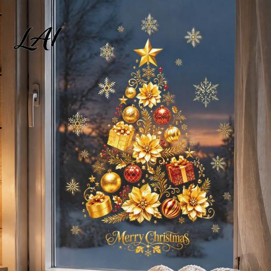 Christmas Window Clings 2 Sheets Gold Clings Static Stick Tree Snowflake Holiday Shop Displays Bauble Glass Decals No-Glue Removable Winter