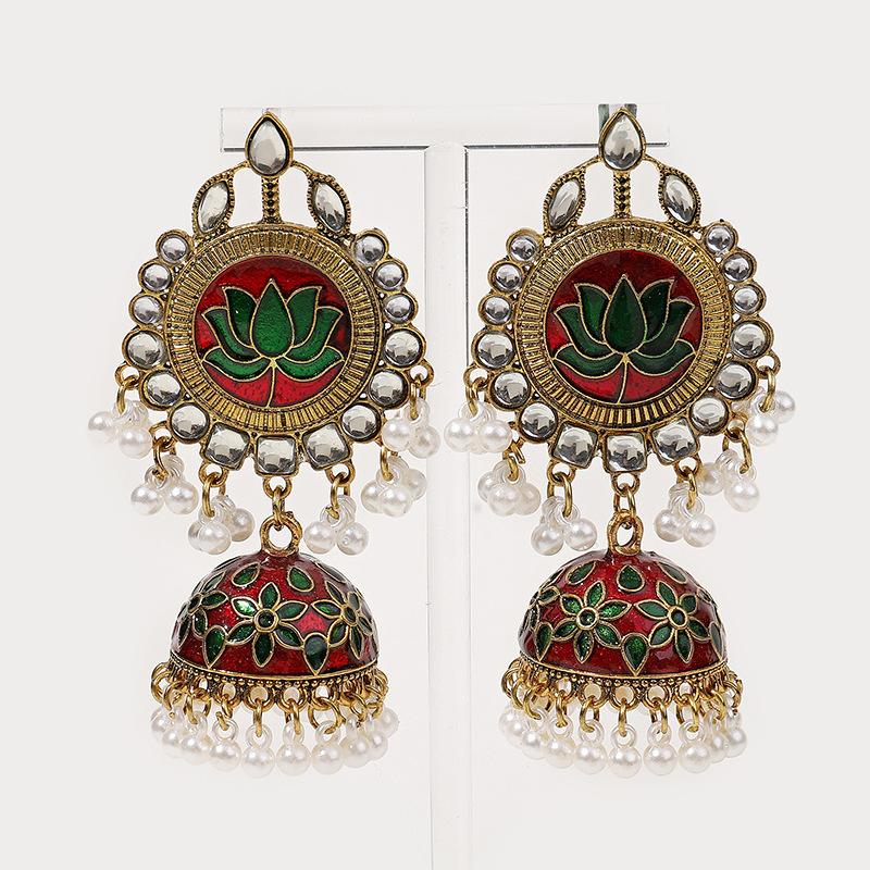 Этнические серьги-подвески с цветком лотоса, женские, с кристаллами, эмалированные серьги, афганские Кундан Джумка, ювелирные аксессуары