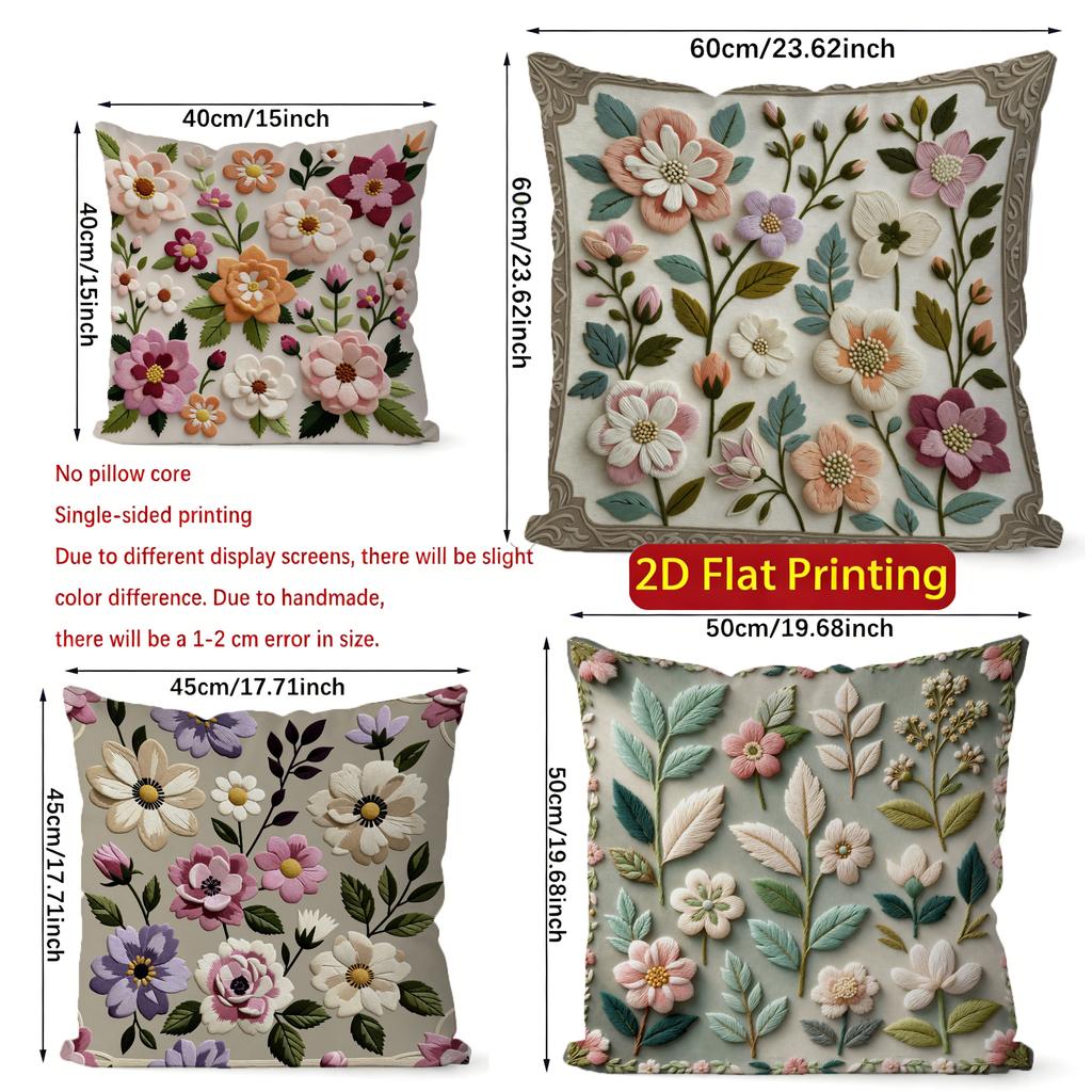 2D Vintage Embroidered Style Floral Throw Pillow Covers Pattern Cushion Cover Suitable For Sofa Bedroom Car Pillow Cover