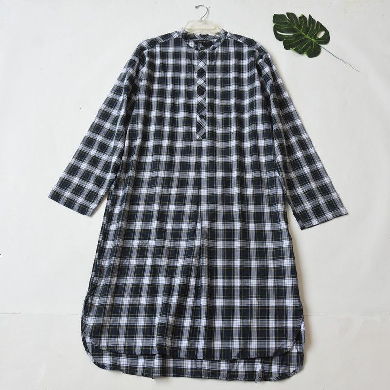 

Men s and Women s Spring and Autumn Pure Cotton Long Sleeves Pajamas One-Piece Nightdress round Neck Half Cardigan Loose Leisure Pajamas Nightgown Lattice 50