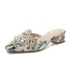 Fashion Pearl Half Slippers Women Shoe Autumn Rhinestone Chunky Mid Heel Slipper Sandals Fashion Muller Casual Versatile Single Shoes