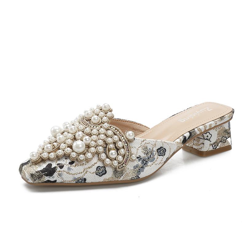 Fashion Pearl Half Slippers Women Shoe Autumn Rhinestone Chunky Mid Heel Slipper Sandals Fashion Muller Casual Versatile Single Shoes