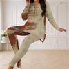 Women Plus Size Red White Blue Printed Half Zip Long Sleeve Long Top Fitted Pants Two Piece Set