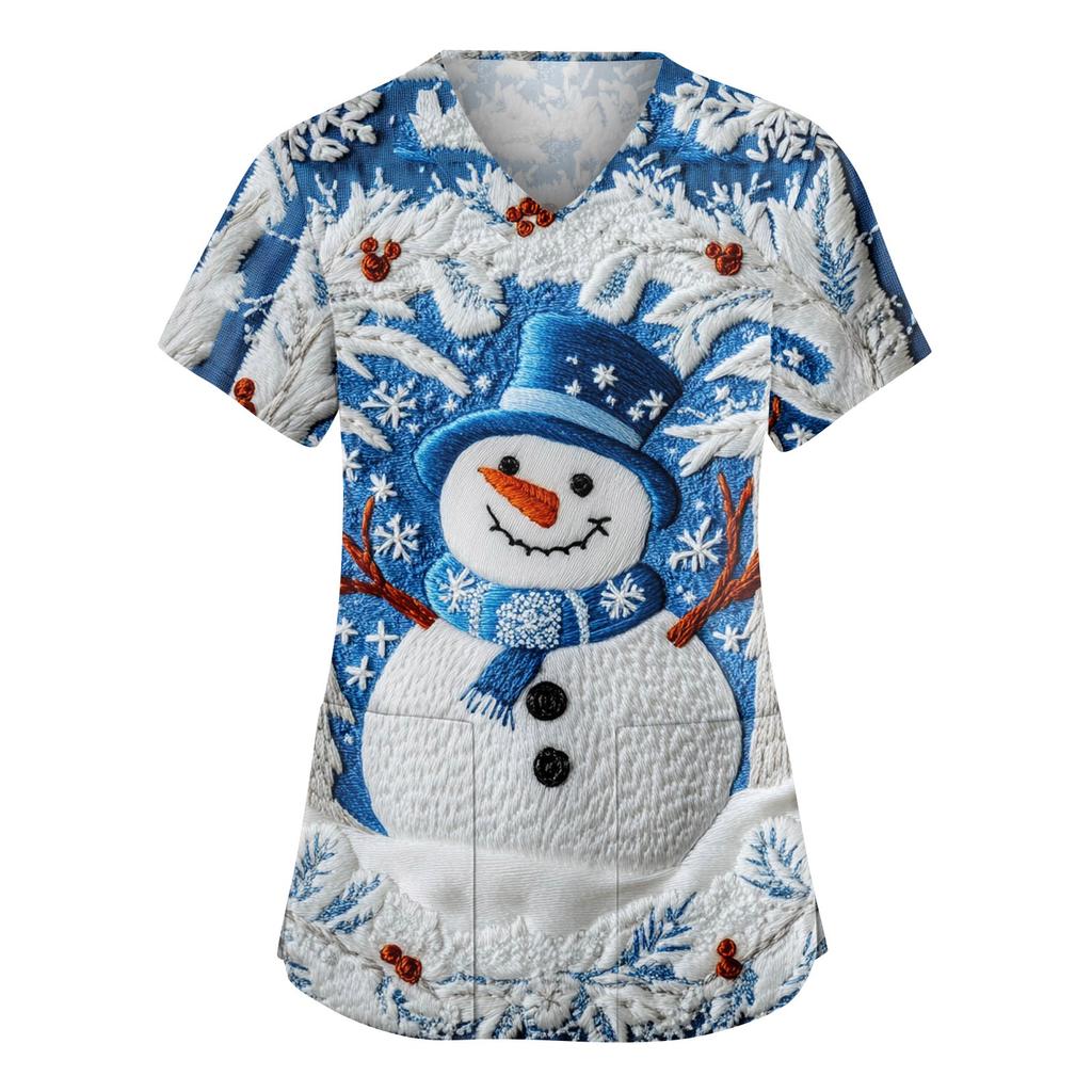 Damen Modische V-Ausschnitt Arbeitskleidung Weihnachten Bedruckt Kurzärmlig Tasche Seitenschlitz Arbeitskleidung Basic Pullover Top