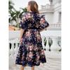 Plus-Size Navy Blue V-Neck Print Summer Dress