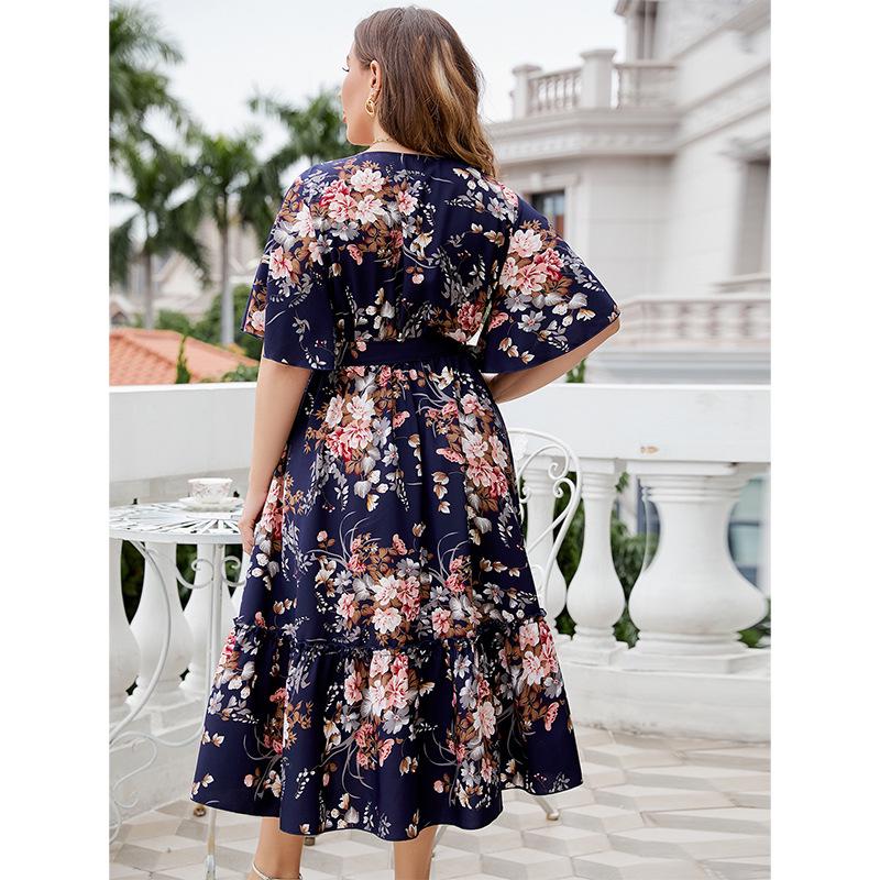Plus-Size Navy Blue V-Neck Print Summer Dress