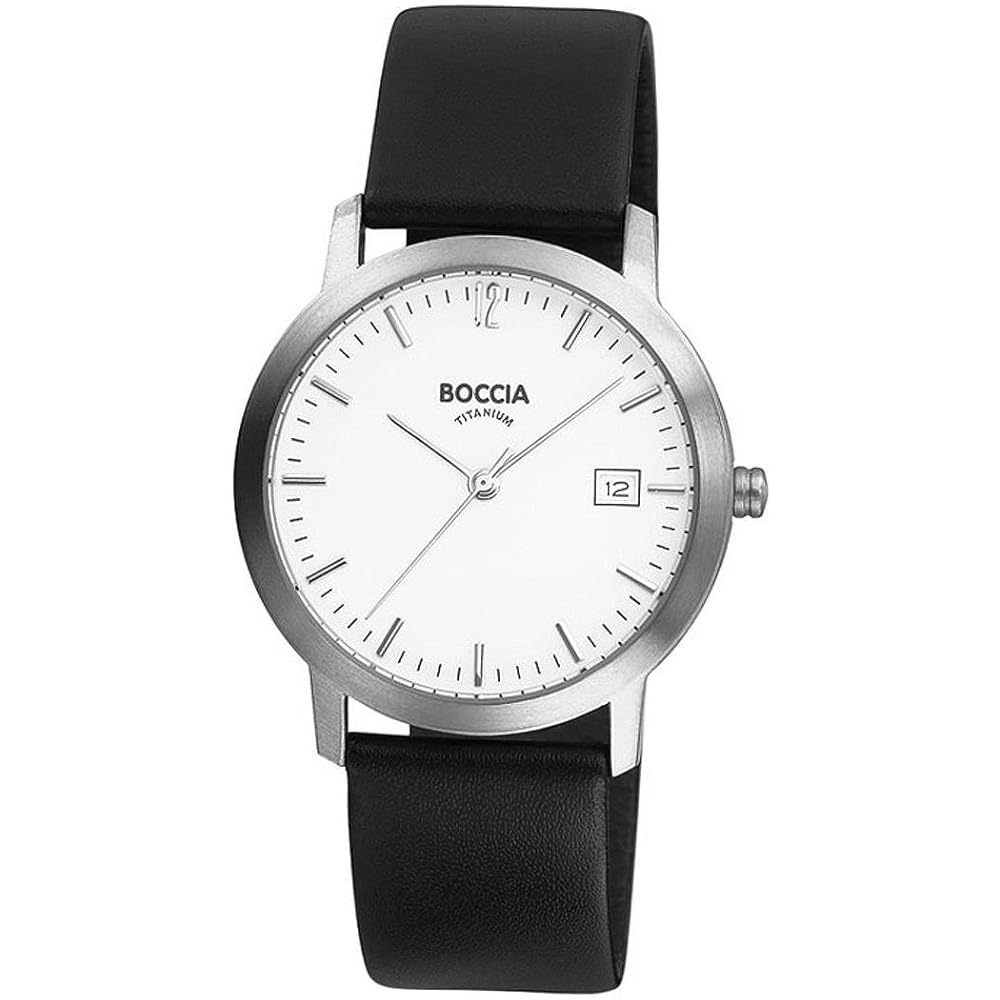 BOCCIA TITANIUM Мужские часы, полностью титановые, размер 34 мм, Белый/Черный кожаный ремешок, Немецкий дизайн, Гипоаллергенные, арт.:510-93