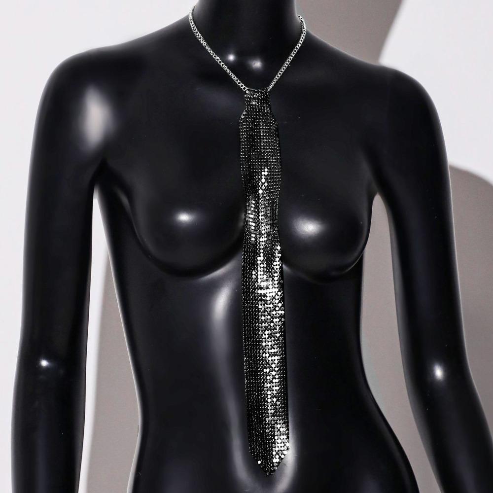 Narrow Crystal Rhinestone Neck Tie Soft Glitter Cravat Shiny Metal Sequin Necktie  Party