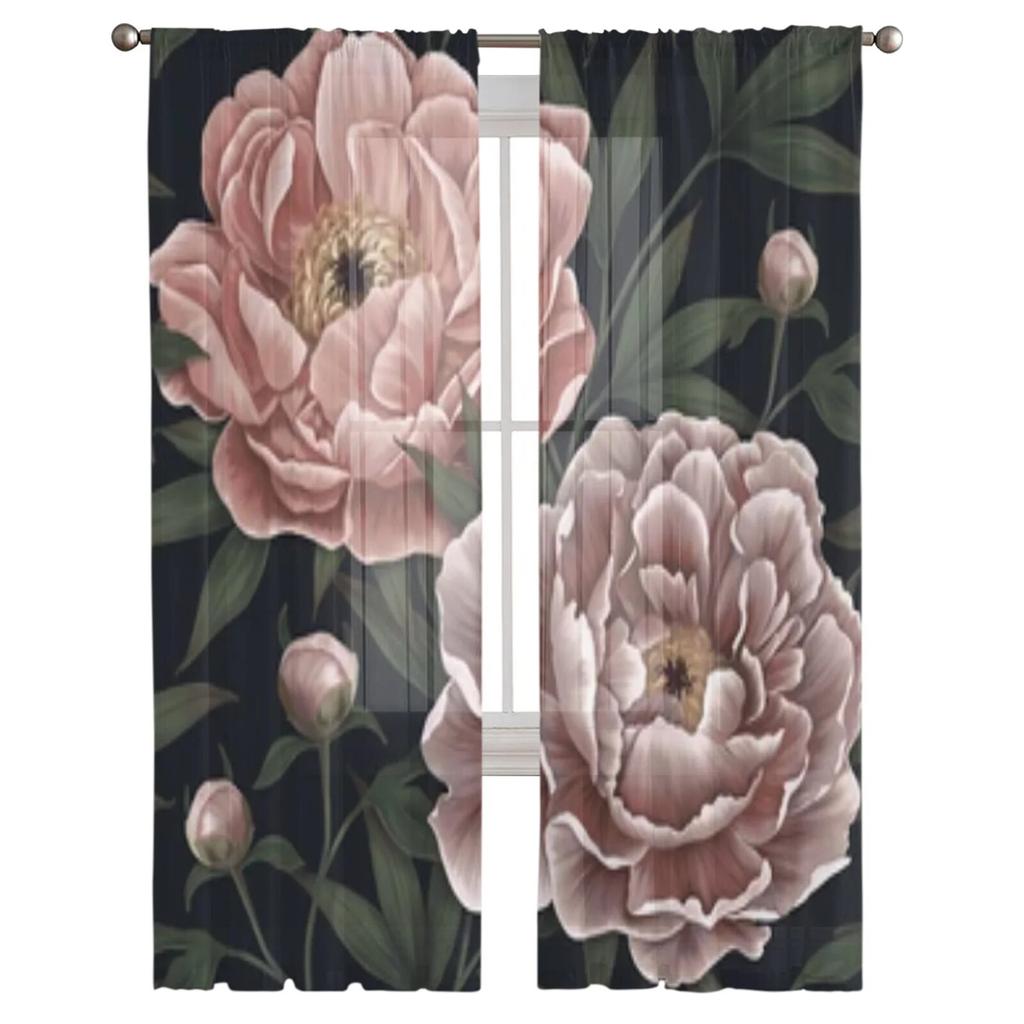 Botaniczne Piwonie Vintage Tiulowa Zasłona Okienna Do Salonu Sypialni Woal Przezroczyste Zasłony Kuchenne Dekoracje Zasłony