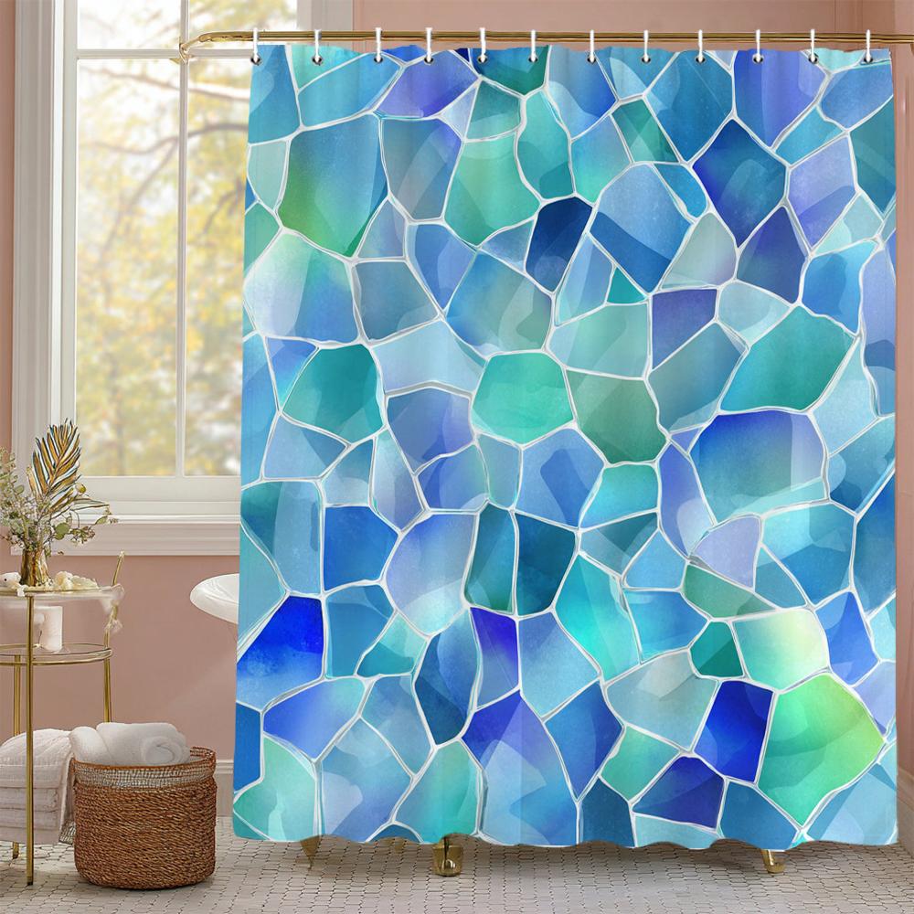 Modern Creative Geometric Pattern Blue Shower Curtain, Bathroom Decorative Shower Curtain, Waterproof Shower Curtain with Hooks