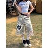 Womens High Waisted Camo Denim Capri Pants Loose Straight Leg Vintage Ripped Patchwork Jeans Casual Streetwear