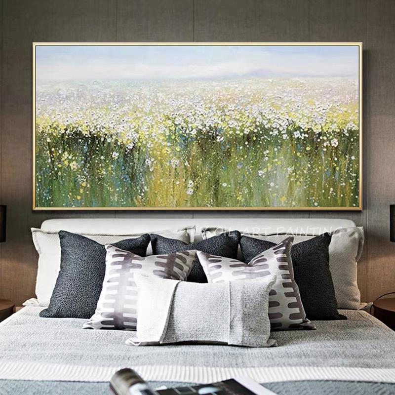 

100% ручная роспись современный абстрактный пейзаж светло-зеленые цветущие цветы картина пейзаж картина маслом для украшения дома