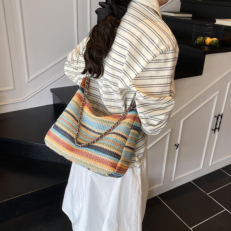 Summer new fashion contrasting color striped bag women's niche design woven bag large capacity shoulder dumpling bag