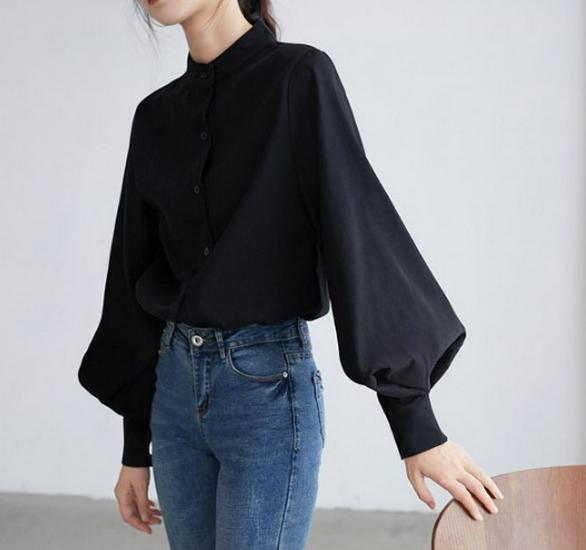 

2025 Ретро рубашка в гонконгском стиле со стойкой воротником, однобортная, с рукавами-фонариками XL чёрный