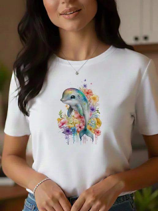 Dolphin T-shirt in a bright watercolor style 4XL