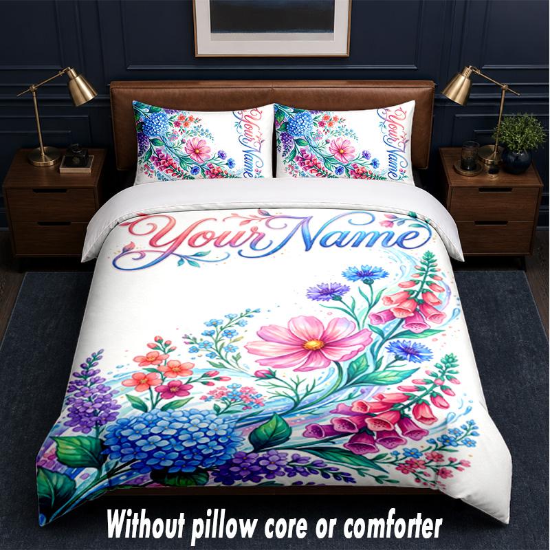 Blumiges Thema Benutzerdefinierter Text Oder Name 3-teiliges Bettwäsche-Set, 1 Spannbettlaken & 2 Kissenbezüge Personalisierte Heim-Bettwäsche