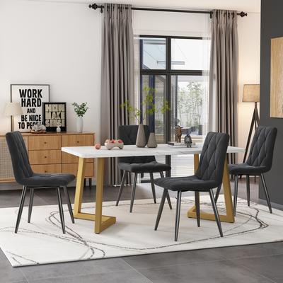 Dining Set (117×68cm Dining Table with 4 Chairs), Rectangular Kitchen Table Set, Dining Chair Dark Grey Twill Velvet Kitchen Chair, Golden Table Legs