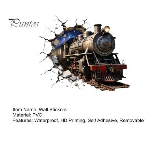Decorative Stickers for Study Room 3D Retro Train Wall Sticker, Break Through Decal, Peel and Stick Art Waterproof PVC Mural Kids Bedroom Living