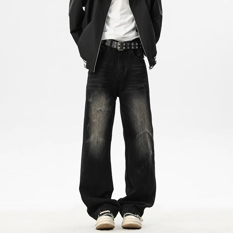 American retro washed ripped jeans men's trendy high street cat beard loose straight casual wide-leg trousers