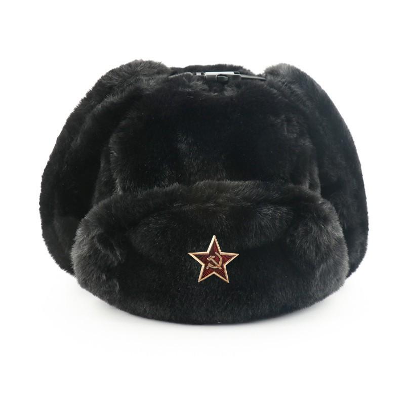 Warm Winter Military Style Earflap Hat Men Women With Embroidered Soviet Emblem Faux Fur Lined Outdoor Cap