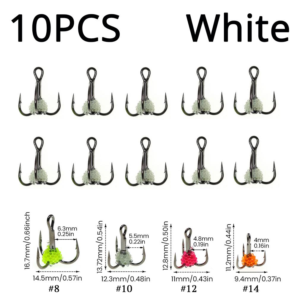 ICERIO 10PCS Lifelike Egg Bead Treble Hooks Glow Ice Fishing High Carbon Steel Sharp Barbed Fishing Hooks for Trout & Salmon