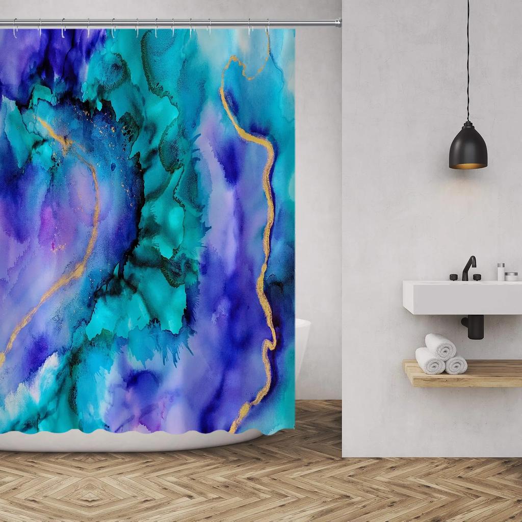 Purple Crystal Marble Abstract Shower Curtain For Bathroom Turquoise Teal Mineral Rock Texture Modern Shower Curtain With Hooks