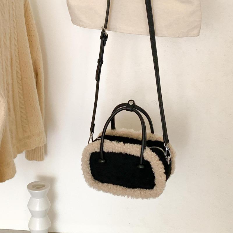 Autumn and winter retro suede bag portable bowling bag splicing niche lamb wool shoulder messenger bag women