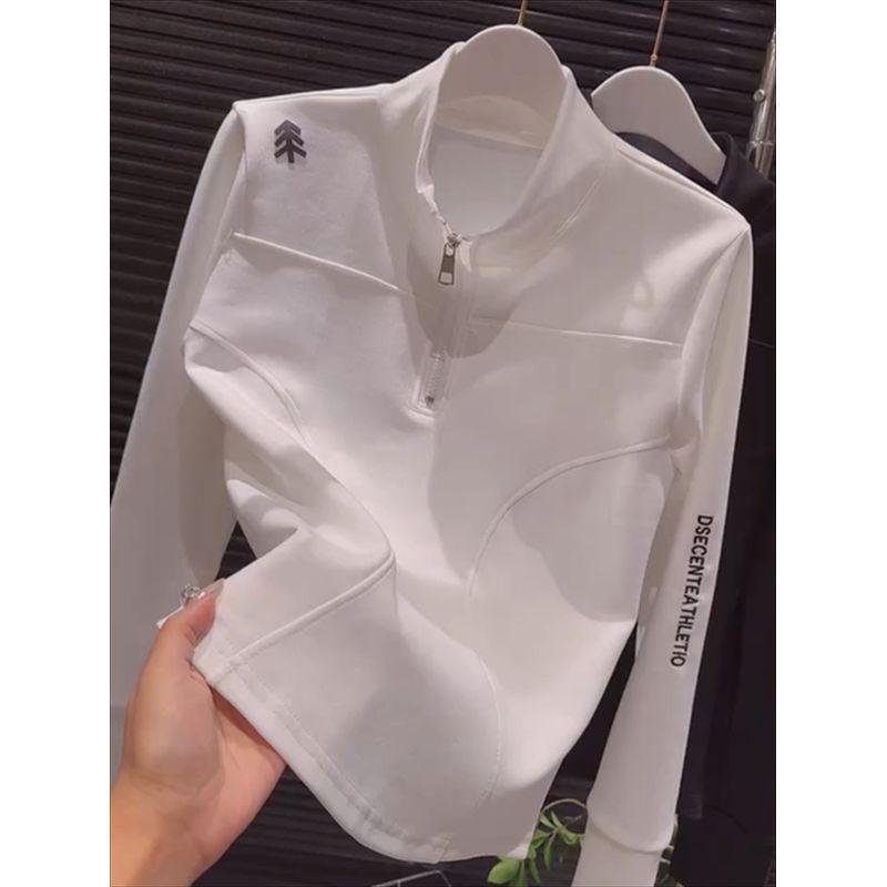 

Европейская станция Белые вышитые буквы Свитер со стойкой женский 2025 Весна и Осень Новое поступление Самый продаваемый товар Модный приталенный Утягивающий топ White L