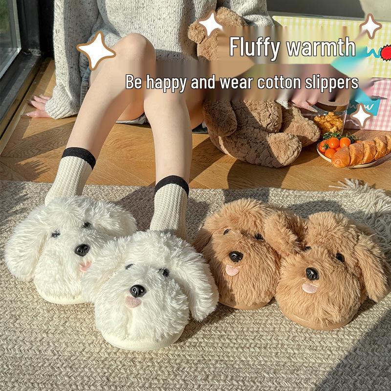 2025 Cute Tongue-Out Puppy Faux Fur Bag & Slippers - Thick-Soled, Warm, Non-Slip Cotton Shoes for Men & Women (Autumn/Winter)