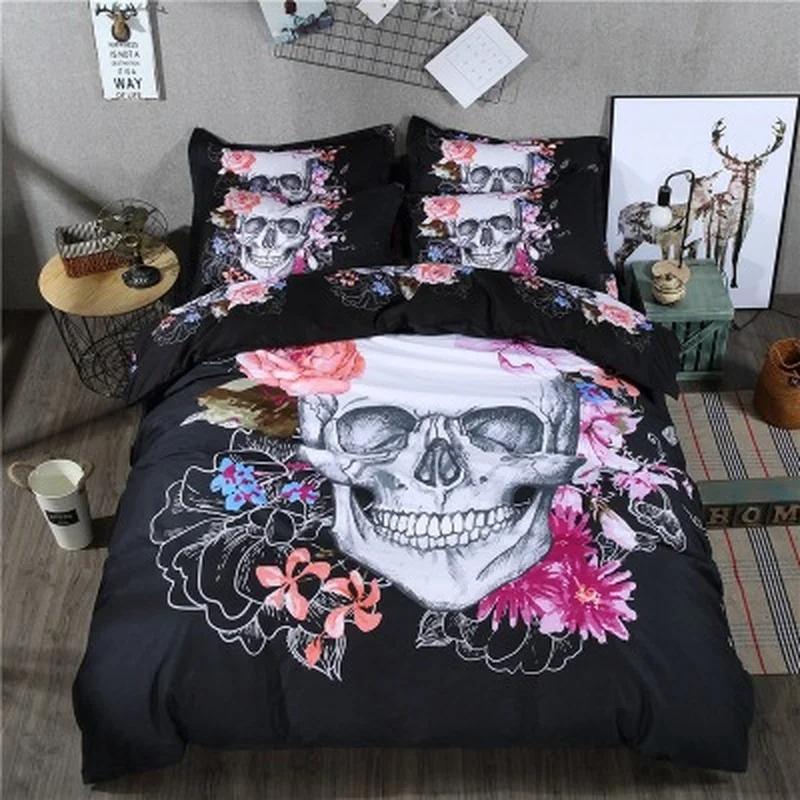 Sugar Skull Comforter Cover Set King Size Skulls Decor Bedding Bones Skeleton Roses Floral Duvet Cover Set Bedding Cover Zipper
