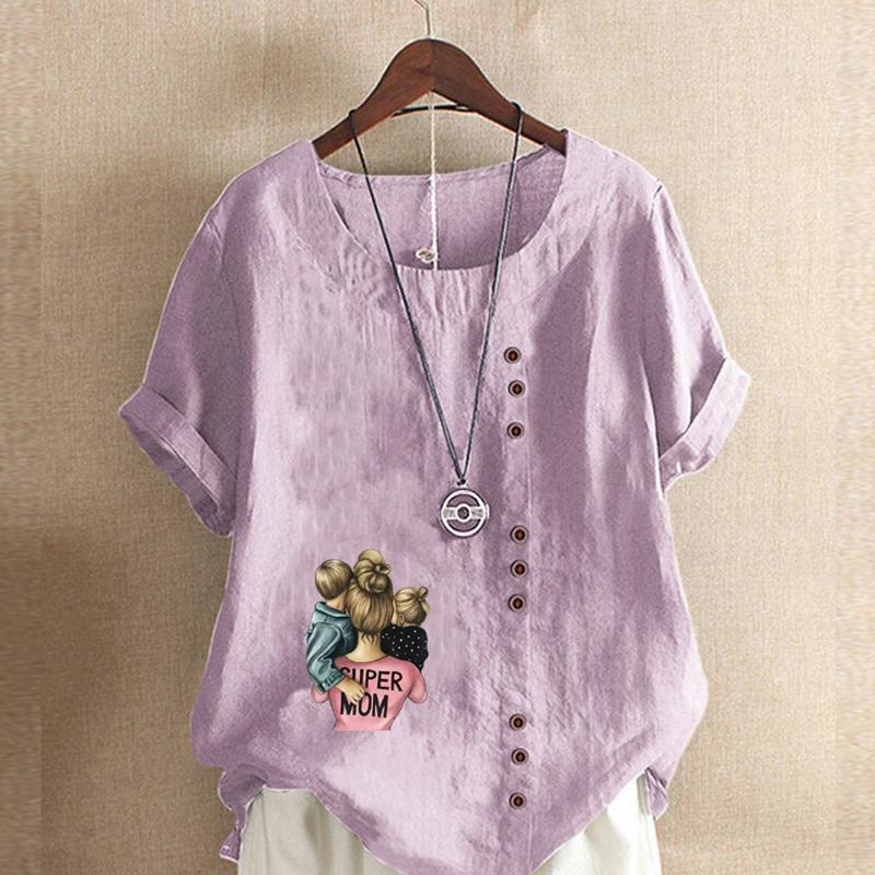 Women's New Fashion Linen Shirt Round Neck Short Sleeve Holding Children Pattern Printed T-shirt Summer Ladies Casual Plus Size Blouse Tops