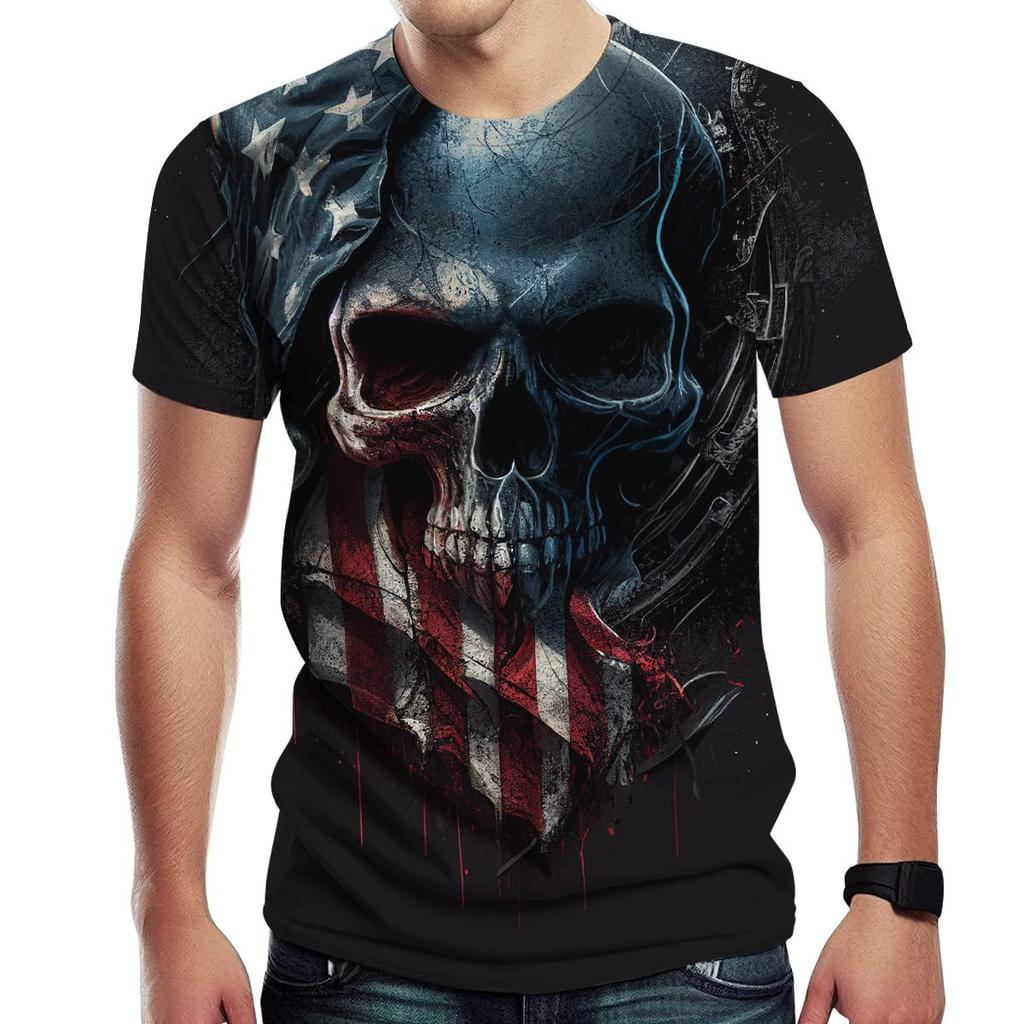 Summer Round Neck 3D American Flag Skull Graphic Print Top Fashionable Casual Short Sleeved Men's T-shirts