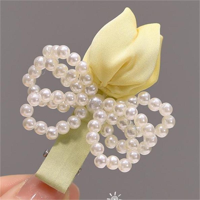 4PCS Korean Hair Accessories Sweet Pink Tulip Flower Clip Pearl Bow Duckbill High-end Fabric Elegant Casual Girl's Headwear 2025 New