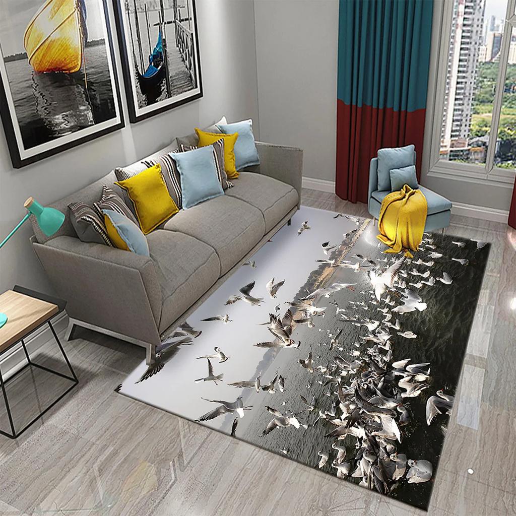 3D Migratory Birds Carpet Sunset Seaside Birds Rugs for Kitchen Bathroom Anti-Slip Carpet Living Room Bedroom Floor Decor Mats