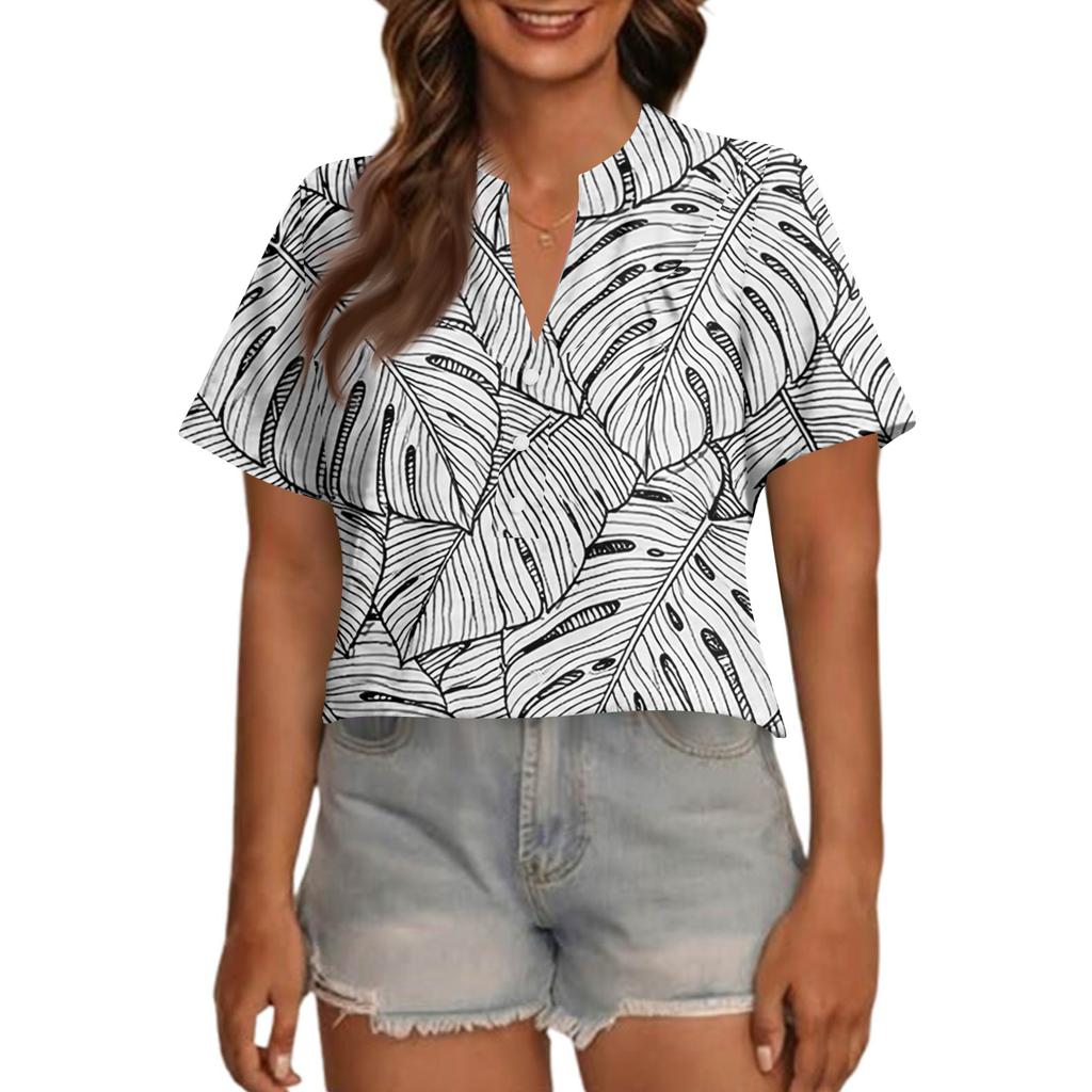 Women's Fashionable Casual V Neck Button Up Oversized Short Sleeve Printed Top