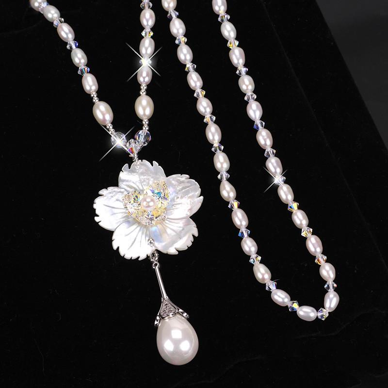 Pearl Necklace For Women Long Floral Pendant With Shell Material For Fashion Jewelry