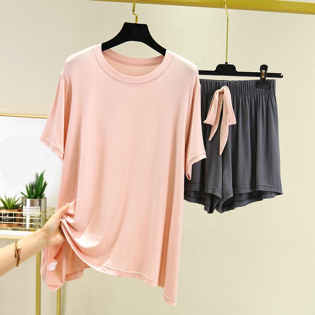 Women's Loose Casual Round Neck Short Sleeved T-shirt Shorts Set Solid Color Pajamas