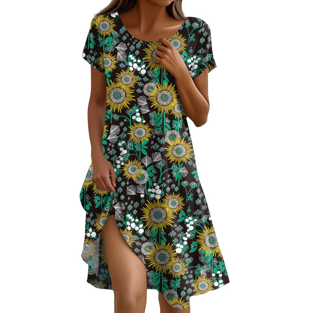 Short Sleeve Boho Dress For Women Casual Loose Fit Summer Sundress Floral Print Dress With Pockets